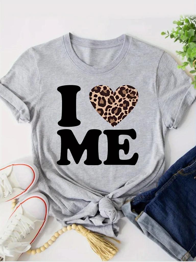 WomenS I Me Leopard Heart Print T-Shirt  Casual  Comfortable Crew Neck Short Sleeve Tee Perfect for Casual Attire Trendy Casual