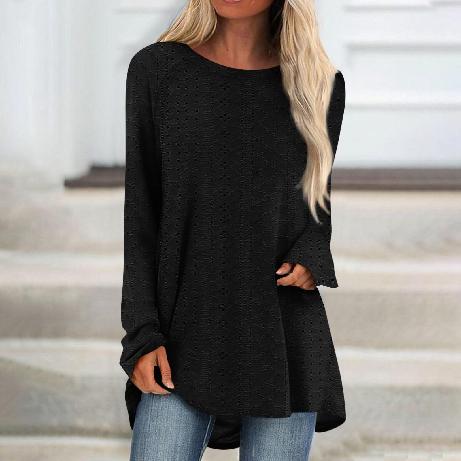 

Женские топы с круглым вырезом, блузки с длинным рукавом, повседневные рубашки средней длины, модные туники с принтом S чёрный