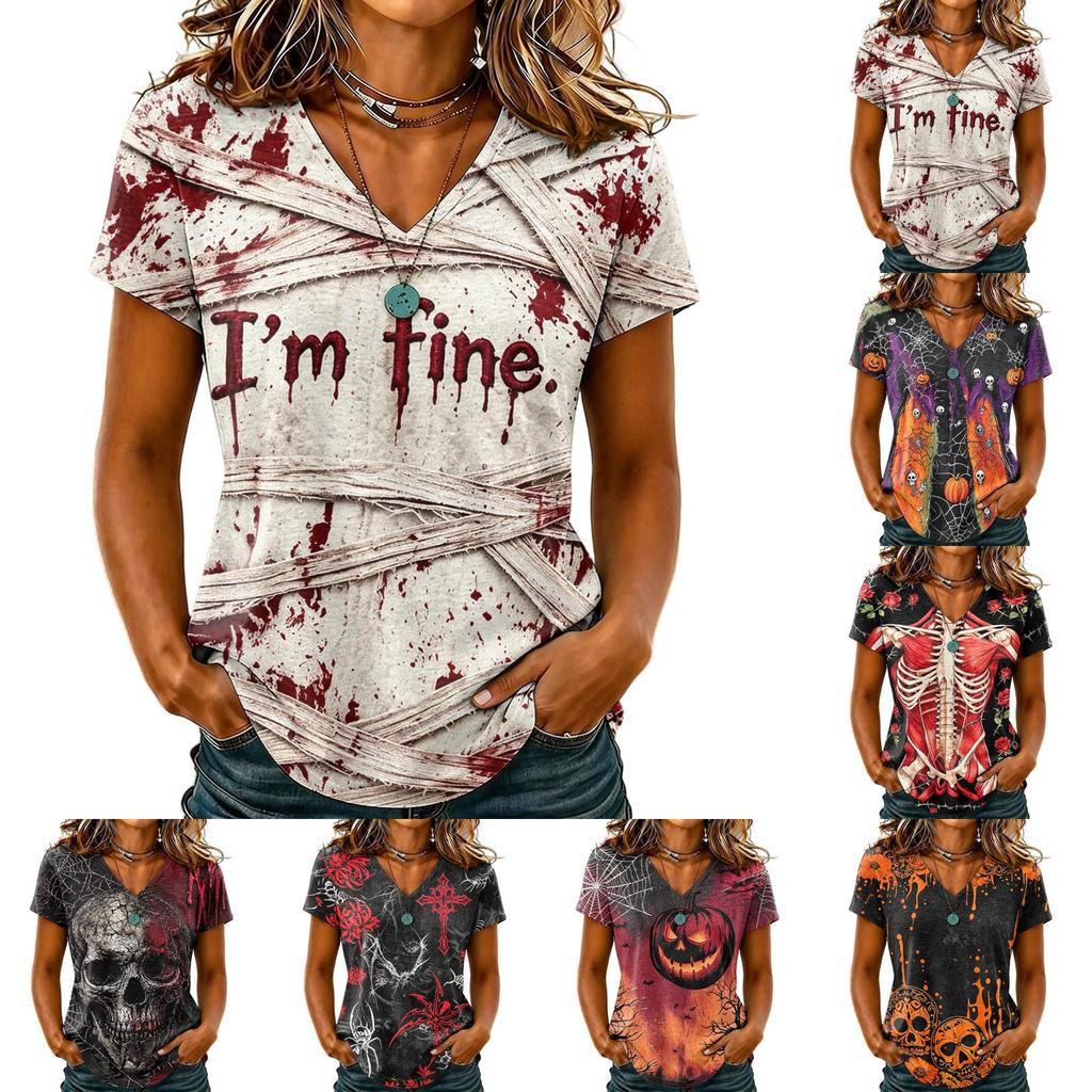 T-shirt d'Halloween pour femme à col en V et manches courtes, Haut décontracté élégant et confortable
