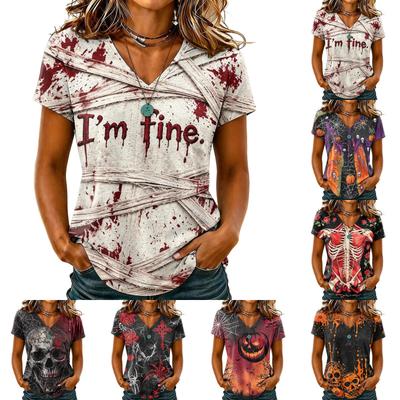 Damen Halloween V-Ausschnitt Kurzarm T-Shirt, Stilvolles und Bequemes Lässiges Oberteil