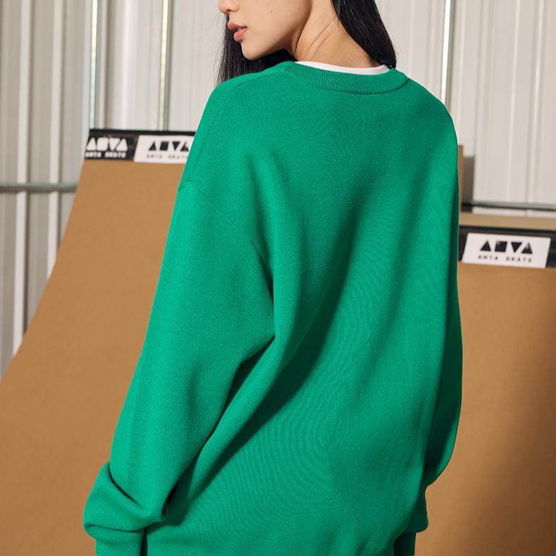 Anta Letter Print Crew Neck Long Sleeve Sweatshirt Unisex Tops Leopard-Green 172248768S-1