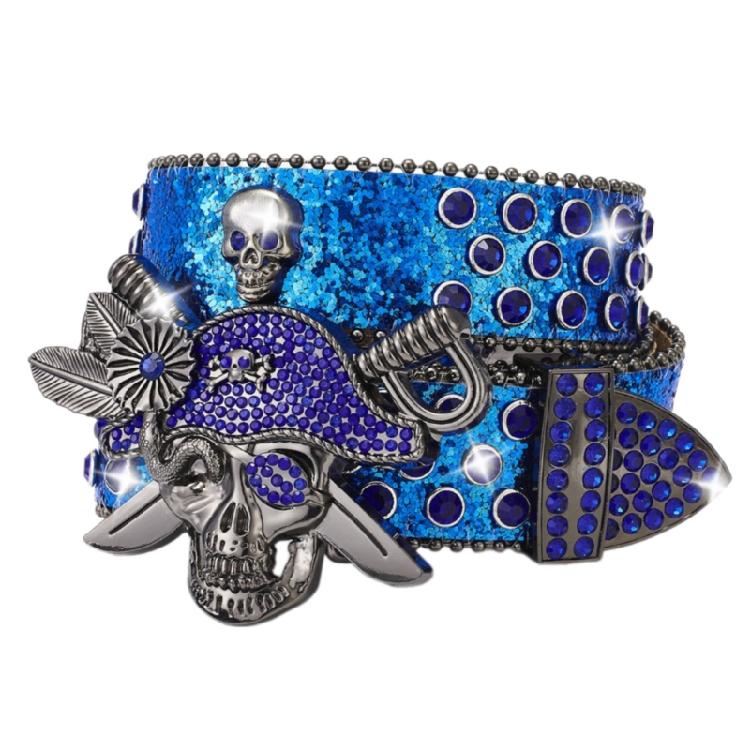 

Popular Rhinestones Studded Skull Buckle Belt for Adult Sequined Belt All Matching Western Belt Glittering Belt for Daily синій