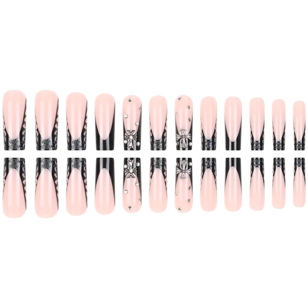 Black French Hollow Press-On Nails with Rhinestones - 24-Piece Set
