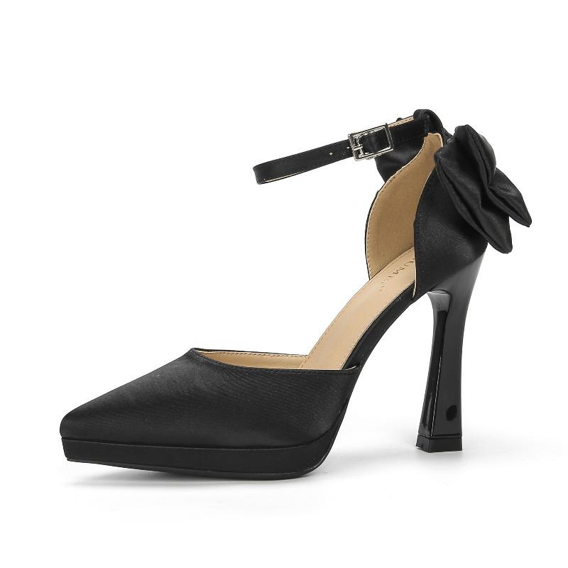 Women s Satin Pointed Toe High Heels Back Bowknot Elegant Satin Ankle Strap Pumps for Women Black White Dress Shoe Wedding Party 34 чёрный