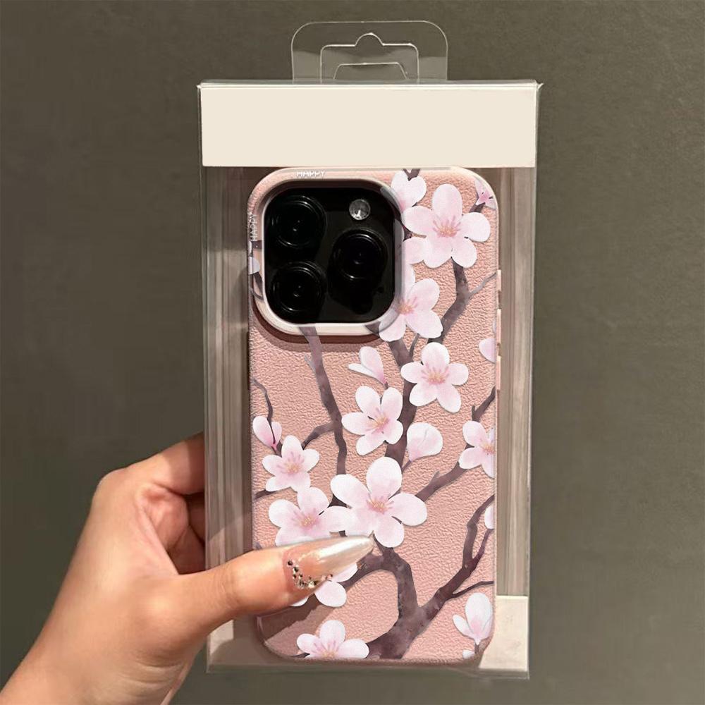 Pink Cherry Blossoms Imitation Leather Phone Case for iPhone 17 Air 16 E 15 14 Plus 13 12 11 Pro Max XS Max Soft Silicone Cover