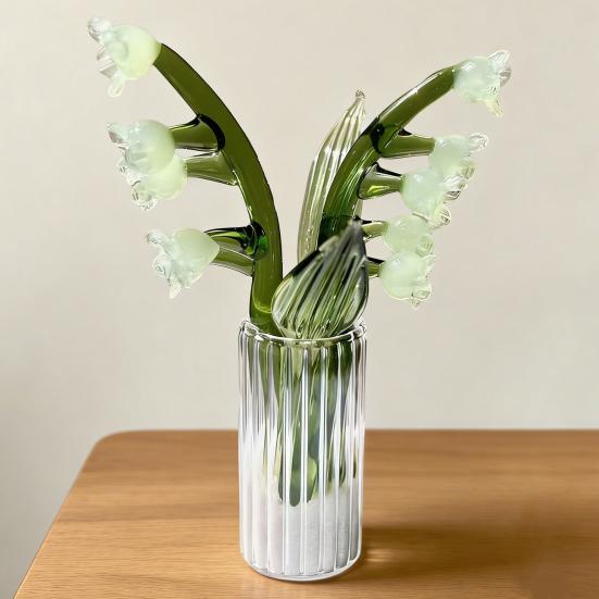 Mini Glass Lily of The Valley Flower Figurine Handmade Faux Crystal Small Flower Bouquet Collectible Ornaments for Mother's Day Birthday Valentines