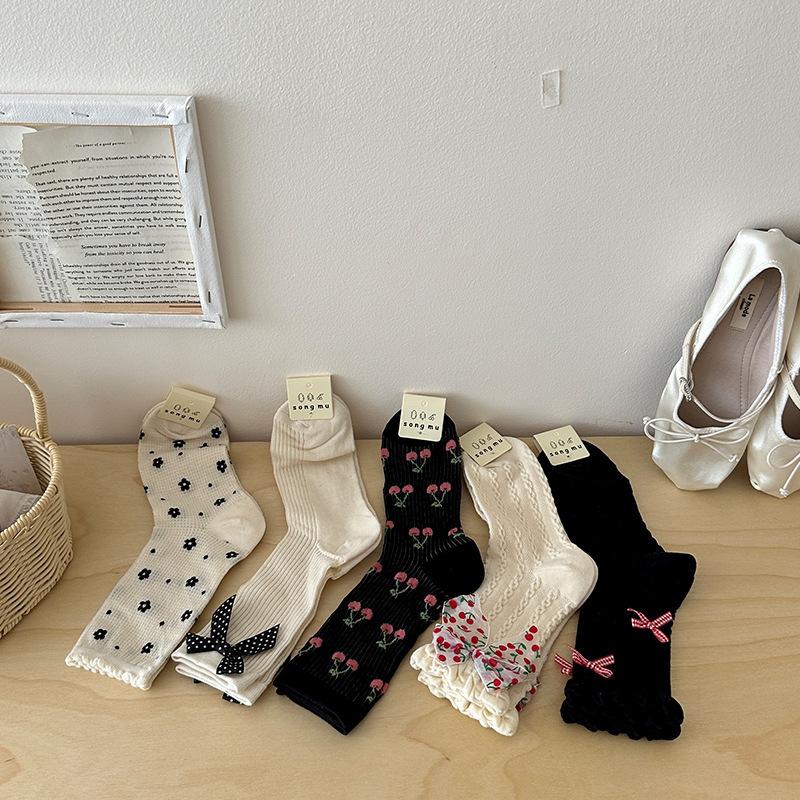 Women's Mesh, Bow, Lace, Mid-calf Socks for Spring and Summer, Thin Fruit, Cherry and Small Flower Socks, Trendy Pile Socks
