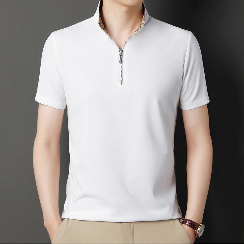 Summer New Men's Short-Sleeved T-shirt Men's Fashion Casual Breathable Lapels Zipper Solid Color Men's Clothing
