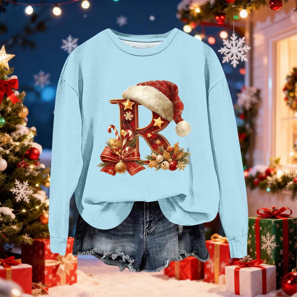 Damen Modisches Lässiges Langarm-Weihnachts-Sweatshirt mit Buchstaben-Print und Rundhalsausschnitt