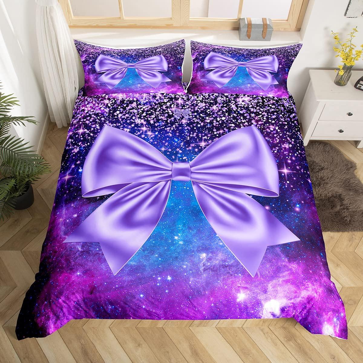 

Bowknot Kids Duvet Cover Teal Gradient Glitter Dreamy Comforter Cover Bow Tie Glamorous Quilt Cover,Romantic Girlish Bedding Set EU Single(135x200cm)