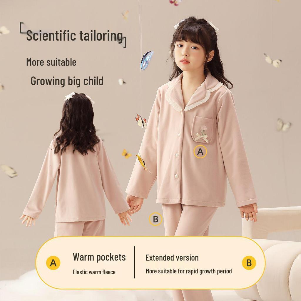 Autumn Winter Rose Embroidered Fleece Pajamas for Girls - Anti-Static, Warm Homewear for Kids