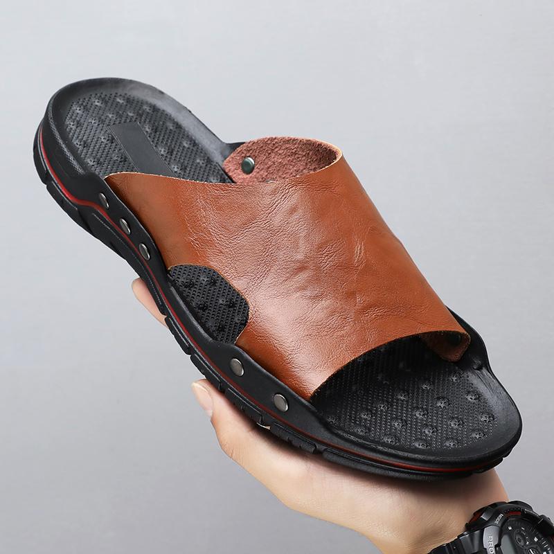 

Новые дышащие домашние кожаные тапочки мужские летние нескользящие домашние пляжные туфли для отдыха на открытом воздухе мужские удобные сандалии на платформе большого размера 48 коричневый