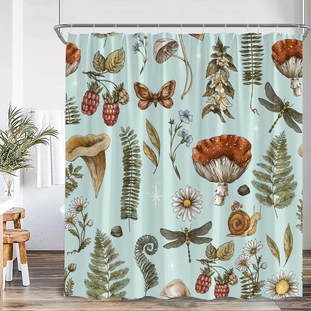 Vintage Mushroom Plant Shower Curtain Leaf Flower Retro Bathroom Decor Herb Polyester Fabric Bathtub Curtain With Hook