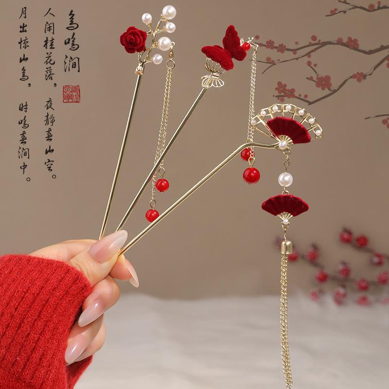 Vintage Chinese Style Rose Hairpin For Women Red Flower Element Tassel Hair Stick Elegant Exquisite Handmade Hair Accessories