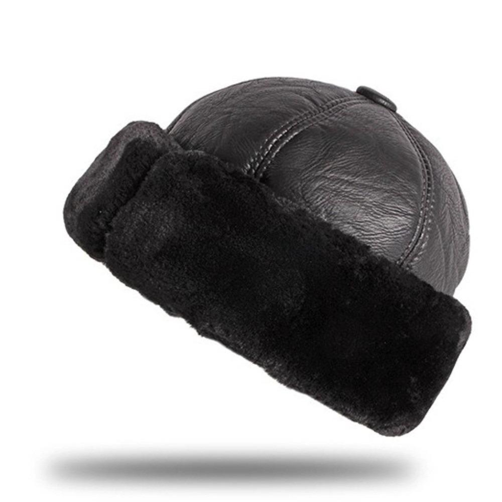 Warm Thick Winter Hat Fleece Lined Black Men Hat Fur Leather Windproof Snow Ski Cap Winter