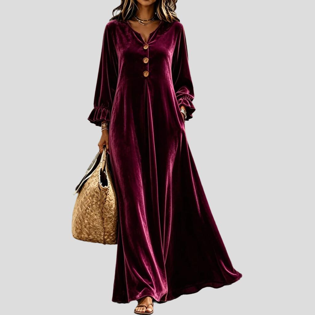 Damen Samt Freizeitkleid Locker Rüschenärmel V-Ausschnitt Langes Kleid Herbst Winter Retro A-Linie Kleid