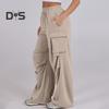 Women Cargo Pants Elastic Waist Mid-rise Straight Wide Leg Sweatpants with Multi Pockets Solid Color Casual Jogging Pants Loose Lounge Pants