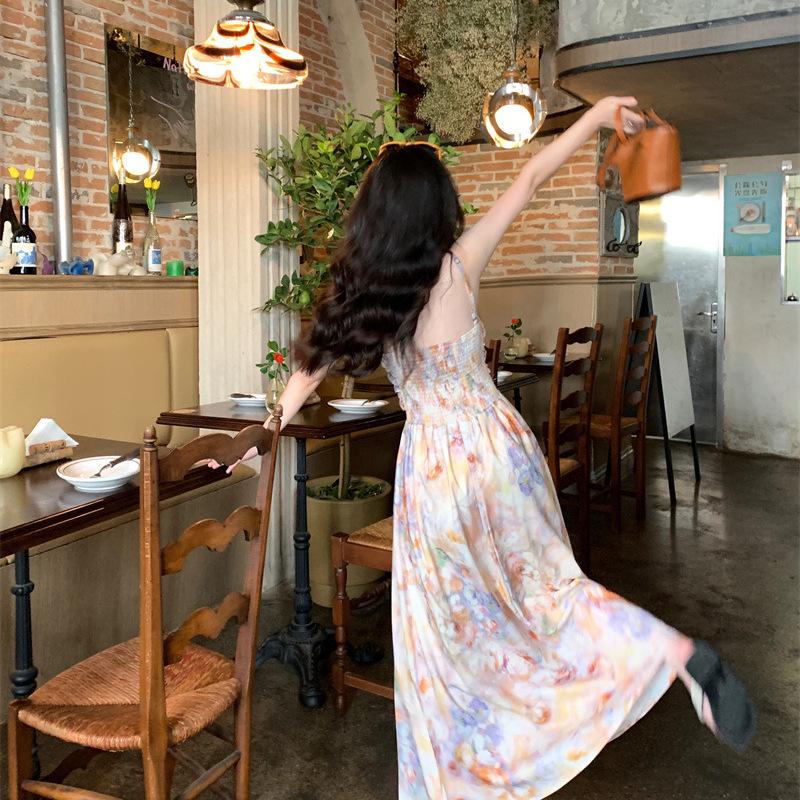 2025 French Retro Floral Halter Sundress: Women's Summer Backless Waist-Hugging Long Dress