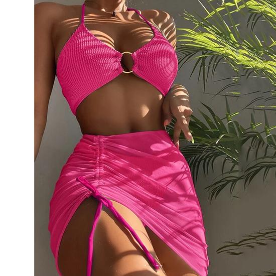 European-American Style Split Swimsuit Women's Body-fitting Solid Color Sexy Swimsuit Neck Hanging Three-piece Bikini Beach Fashion Swimsuit