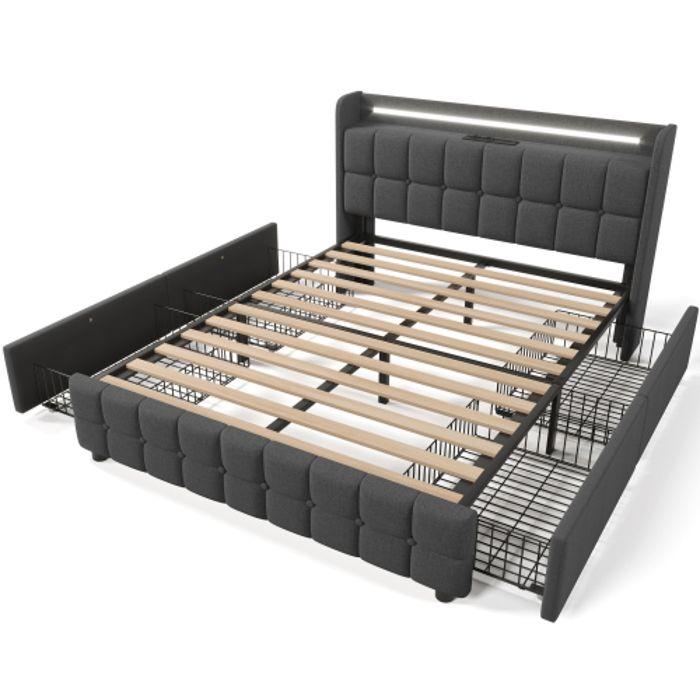 Lit - MUVOE - 160x200 cm - Rembourré - Éclairage LED - 4 tiroirs - Recharge USB