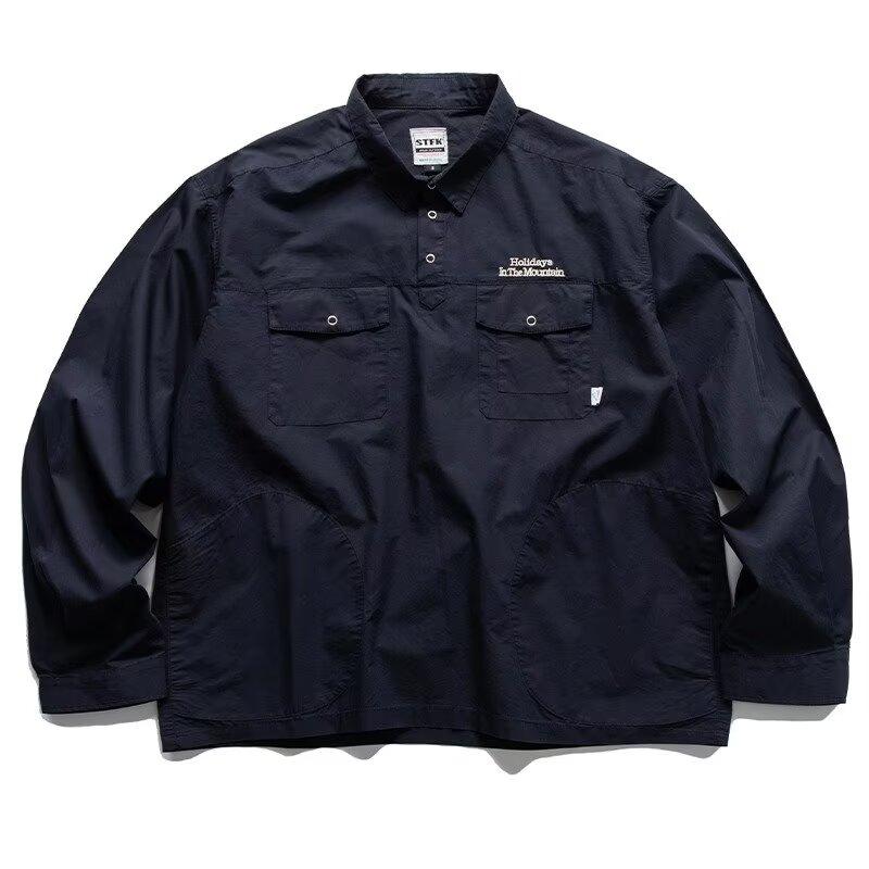 Japanese Retro Simple Letter Embroidered Shirt Men's Long Sleeve Lapel Multi-Pocket Casual Shirt Spring and Autumn Coat