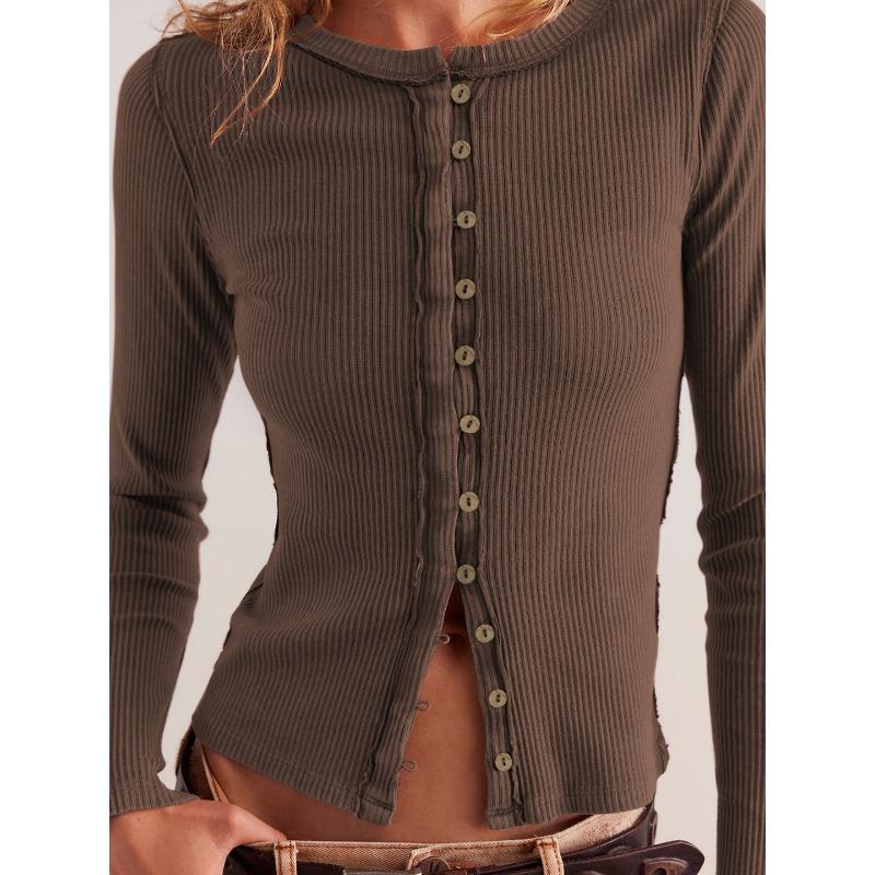 Fashion Hot Selling Women's Long Sleeve Round Neck Button Ribbed Solid Color Autumn and Winter Warm Cardigan Jacket for Women