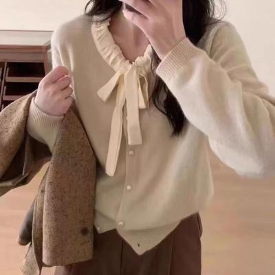 French Sweet Knitted Cardigan Women's Autumn/Winter Bow Sweater Bottom Split Top