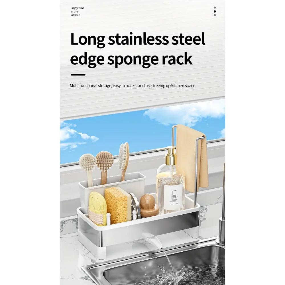 Stainless Steel Sponge Rack with Drain Multi-Functional Kitchen Bath Storage Organizer for Cleaning Supplies Towels Brushes