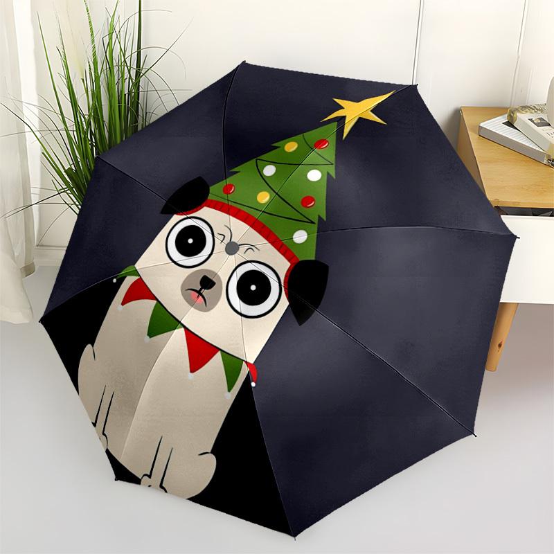 1pc Christmas Pug Automatic Folding Umbrella - Compact 8-Rib Design, Durable Plastic & Iron, Lightweight for Outdoor Daily Use217