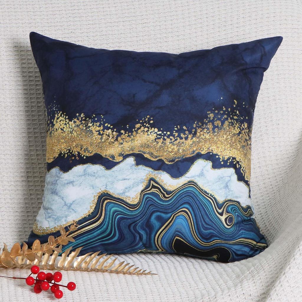 4 Pièces Housse de Coussin Marbre Bleu Marine Doré Double Face, Housse de Coussin Décorative Abstrait Encre de Luxe (Sans inserts)