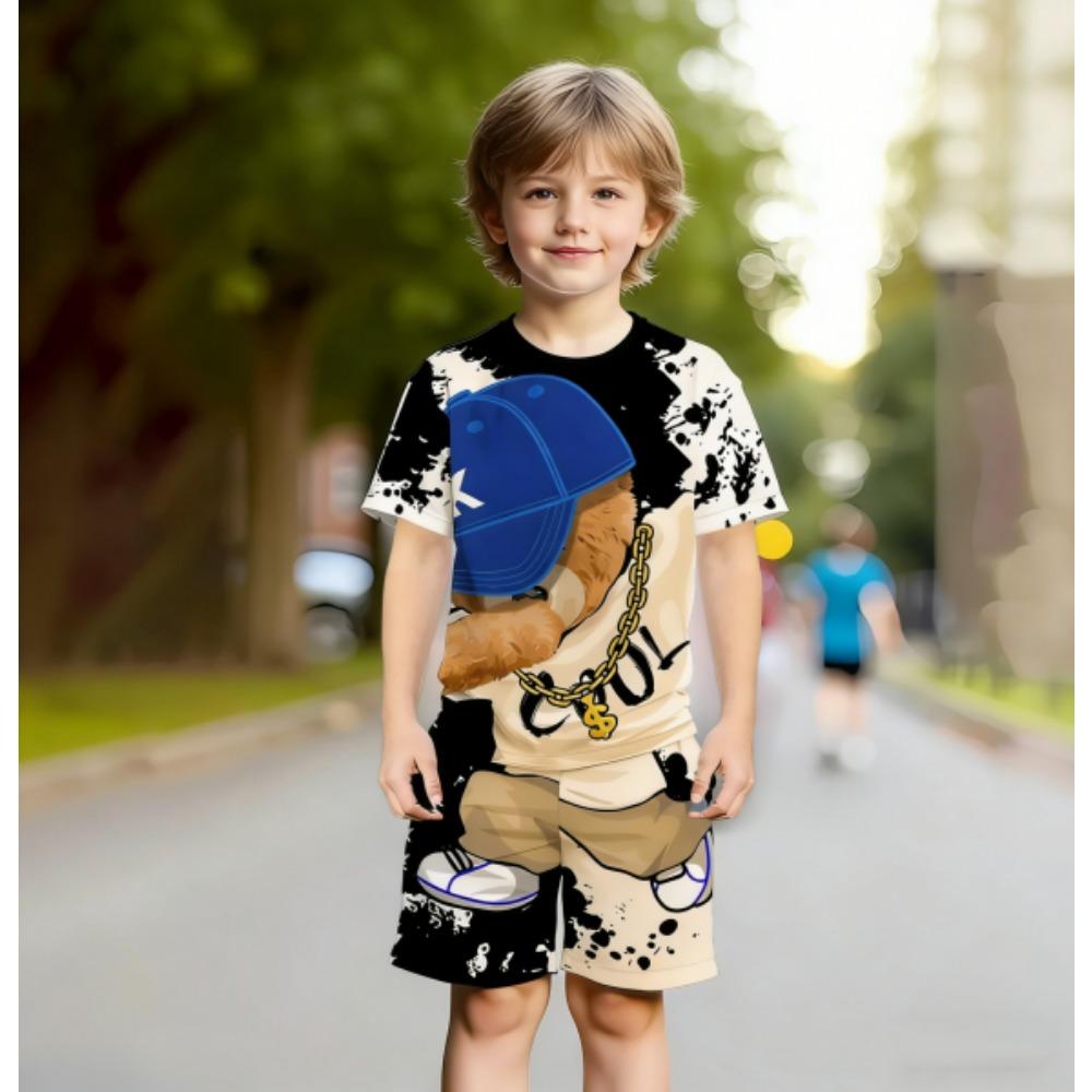 Europe and America Funny Bear Fashion Men s Set Summer Men s T-shirt and Shorts 2 Piece Set Outdoor Casual Men s and Women s Outfit XXS