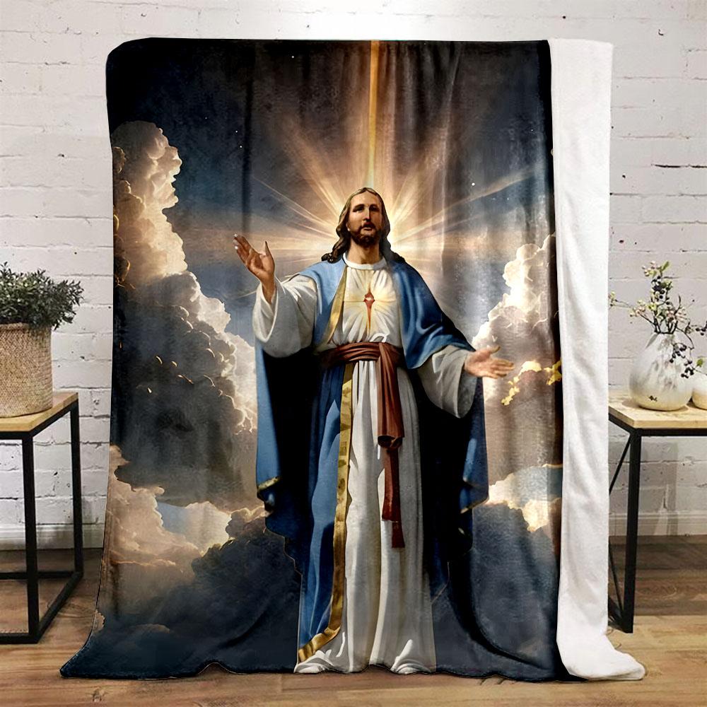 "Jesus with Glorious Light In Clouds" Patterned Flannel Blanket Perfect for the Bedroom Living Room, Sofa, or a Little Nap