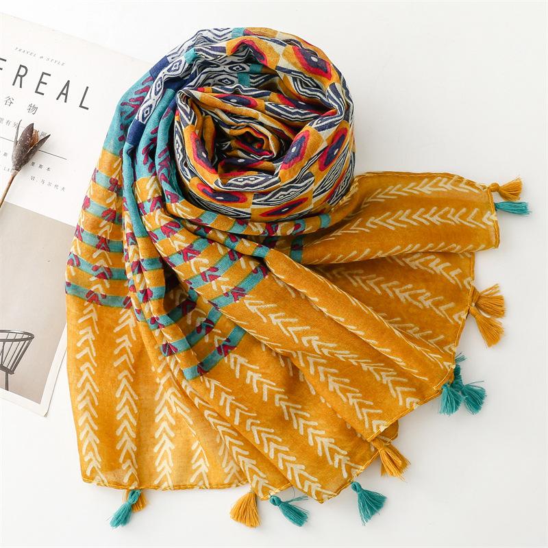 Spring And Summer New Exotic Ethnic Style Silk Scarf Travel Outfit, Wheat Ear Geometric Sunscreen Shawl For Women