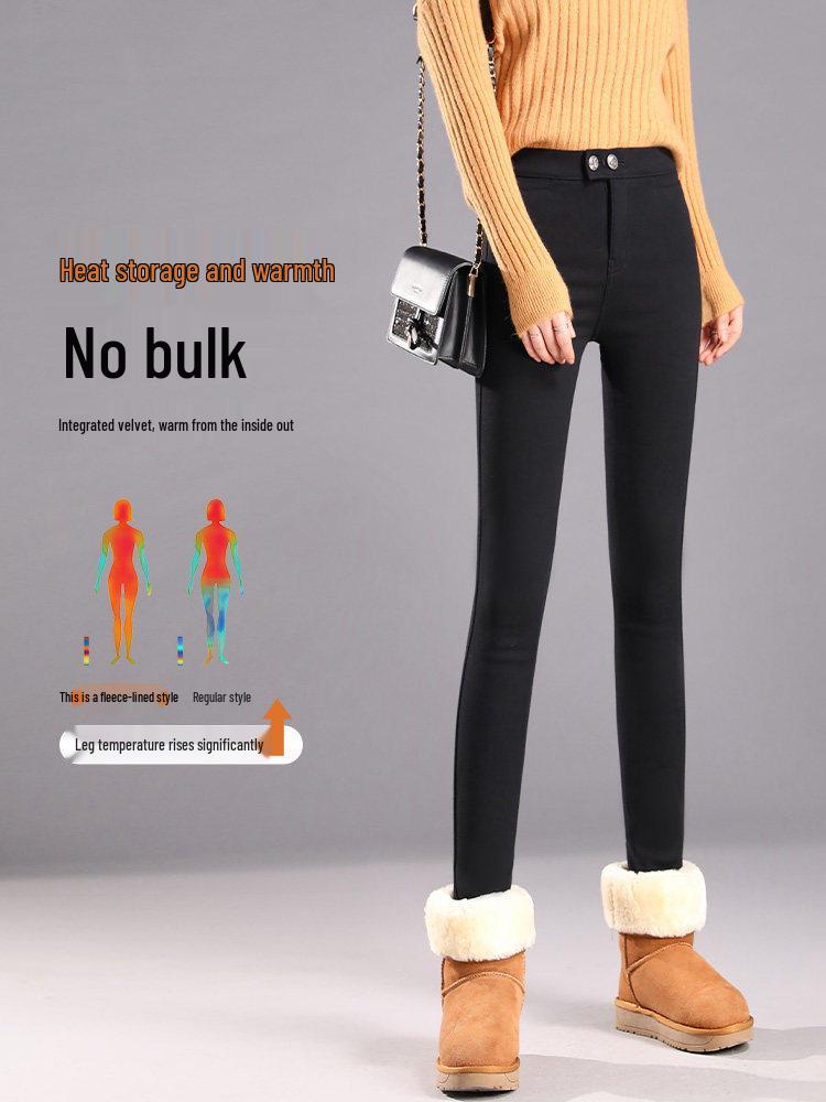 Women's Slimming Lambswool Pencil Pants, Plus Velvet Thickening, Elastic Autumn/Winter Base Layer In Black