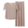 2 Teile/satz Frauen Pyjamas Nahtlose Eis Seide Rundhals Kurzarm Einfarbig Elastische Taille Breite Bein Lose Weiche Atmungsaktive Homewear top Hosen Set
