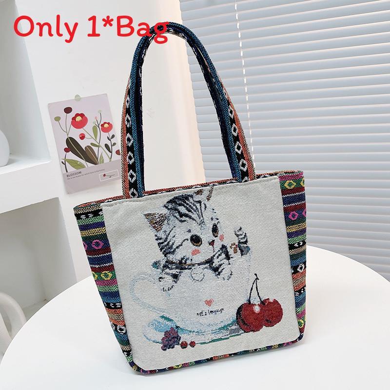Elephant Embroidered Canvas Handbag With Dual Handles For Casual Daily Use