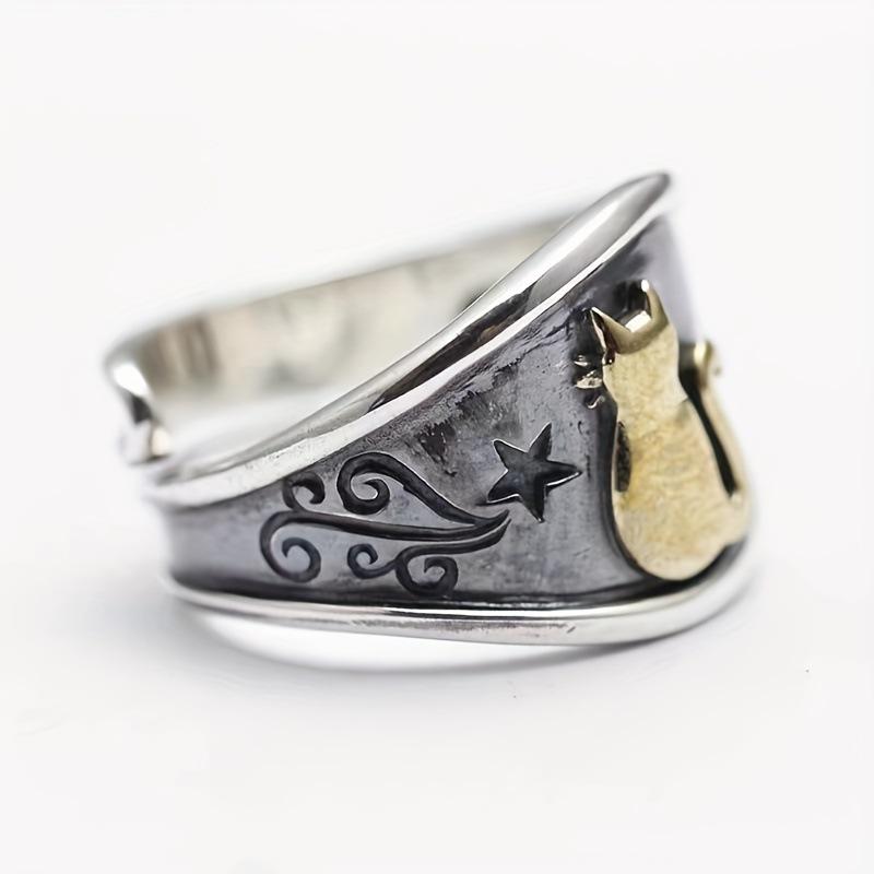 Retro Thai Silver Cat Star Open Ring for Men and Women