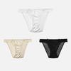 CINOON 3Pcs/Lot Women's Satin Sexy Briefs Lace‑Trim Mesh Spliced Panties Bow‑decor Solid‑Color Hollow‑out Bikini Briefs