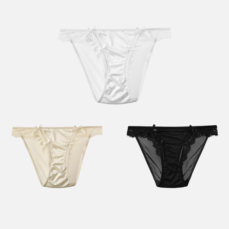 CINOON 3Pcs/Lot Women's Satin Sexy Briefs Lace‑Trim Mesh Spliced Panties Bow‑decor Solid‑Color Hollow‑out Bikini Briefs