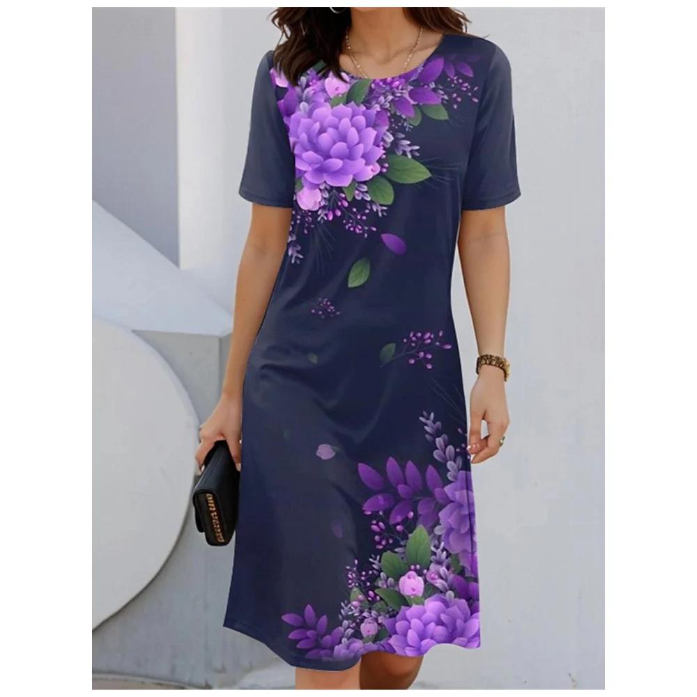 Color Conflict Women's Dress Short-sleeved Dress 3d Floral Print Party Street Wear Elegant Pullover Summer Casual Loose Dress