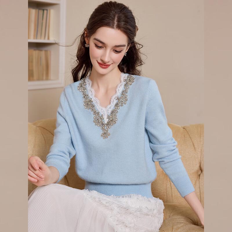 Bailuyu French Elegant V-Neck Beaded Knit Sweater M