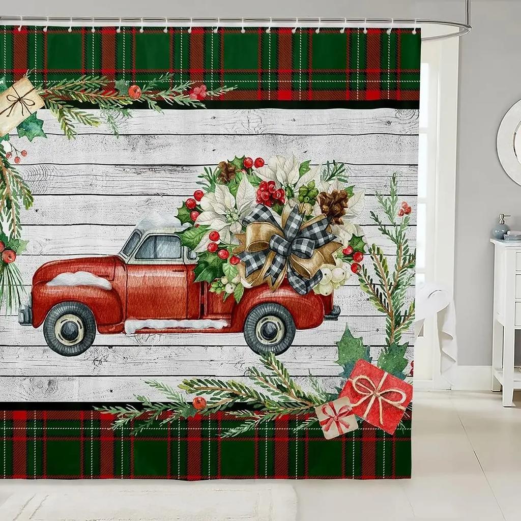 Xmas Decorative Shower Curtains Fireplace Christmas Tree Winter New Year Gift Bathroom Decor Fabric Bath Curtian Hanging