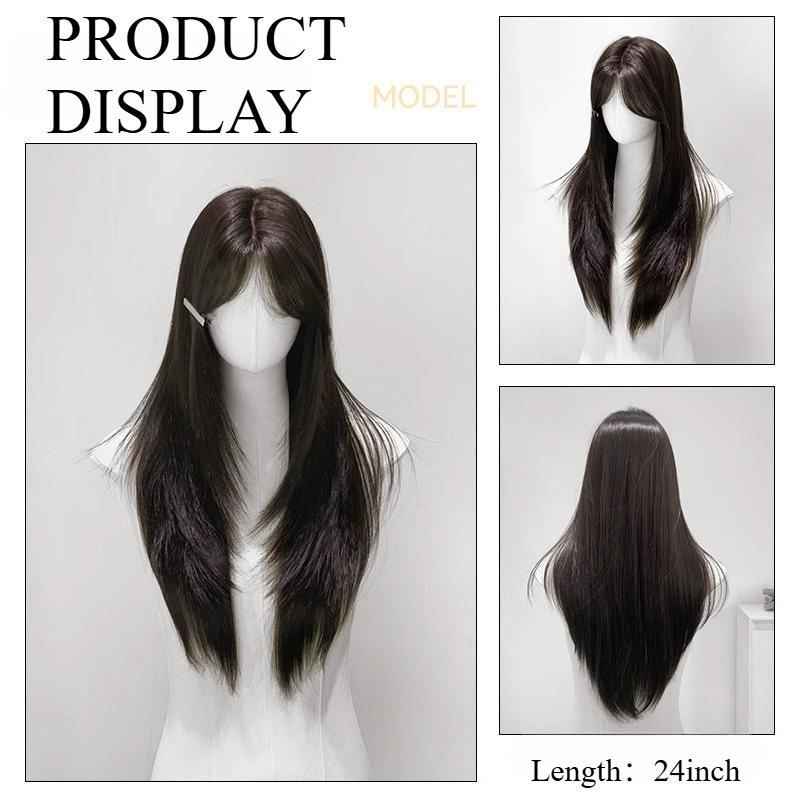 Ashely Black Brown Wig for Women Layer Straight Hair Wig with Curtain Bangs Synthetic Wigs High Temperature Fibers for daily use