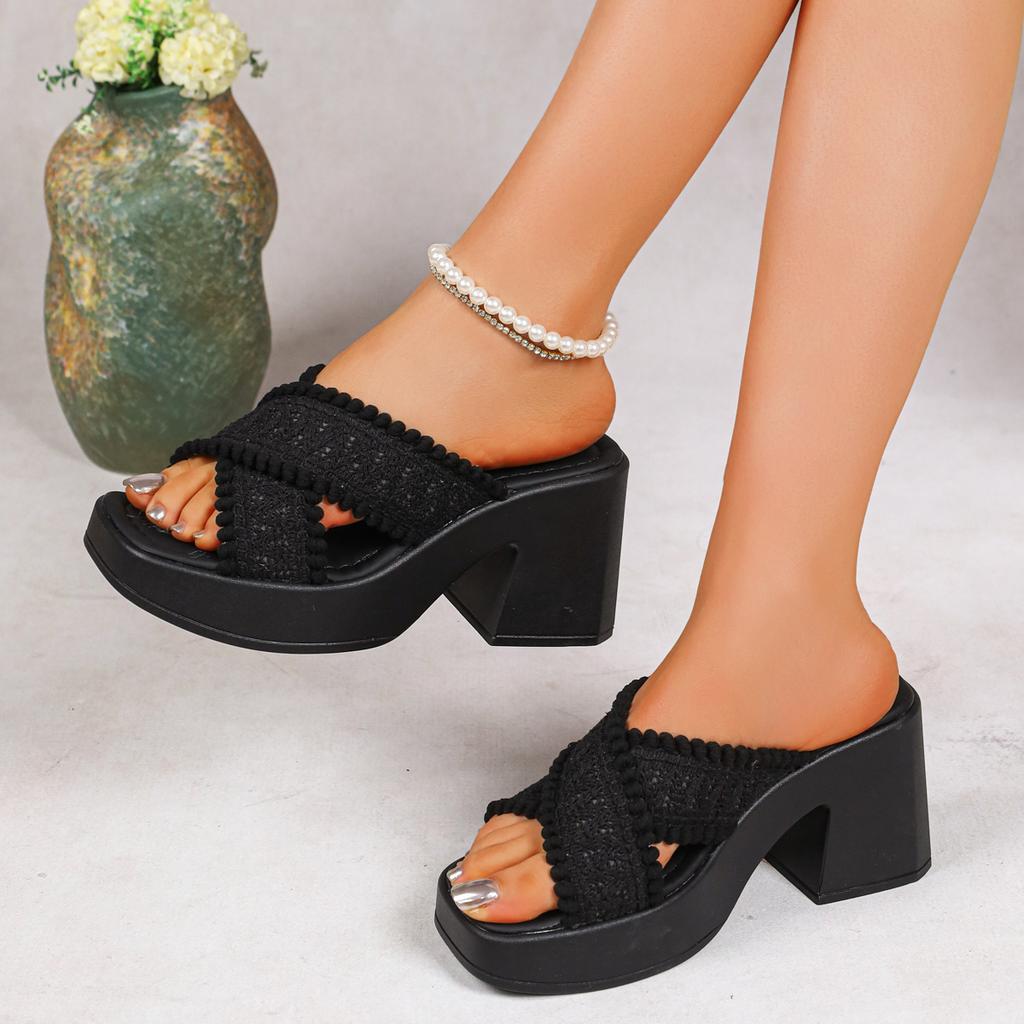 Women High Heel Sandals Thick Sole Chunky Platform Slippers Cross Band Decor Wedges Shoes Woman Summer Plus Size Comfort Shoes