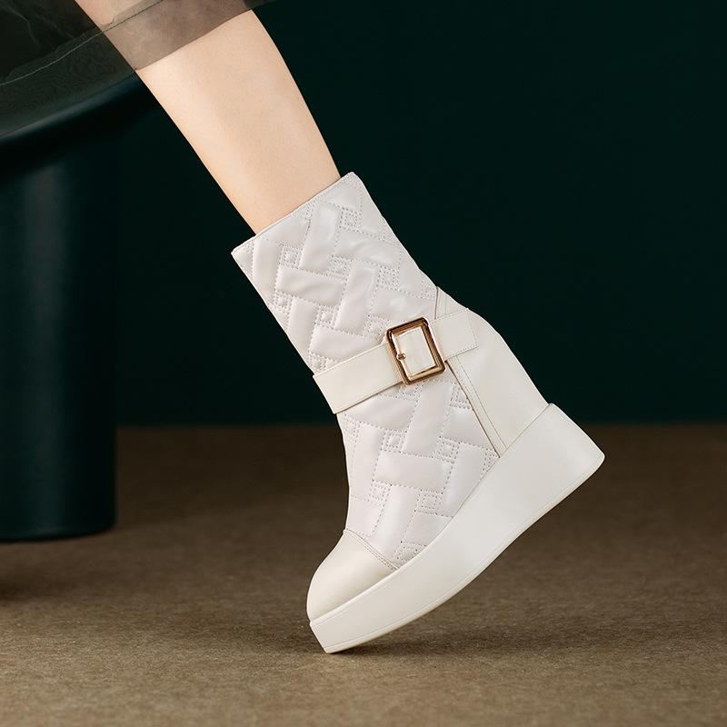 12CM ultra-high heel inner height increase and thin fashion boots autumn and winter new British pointed thick-soled belt buckle Martin boots women