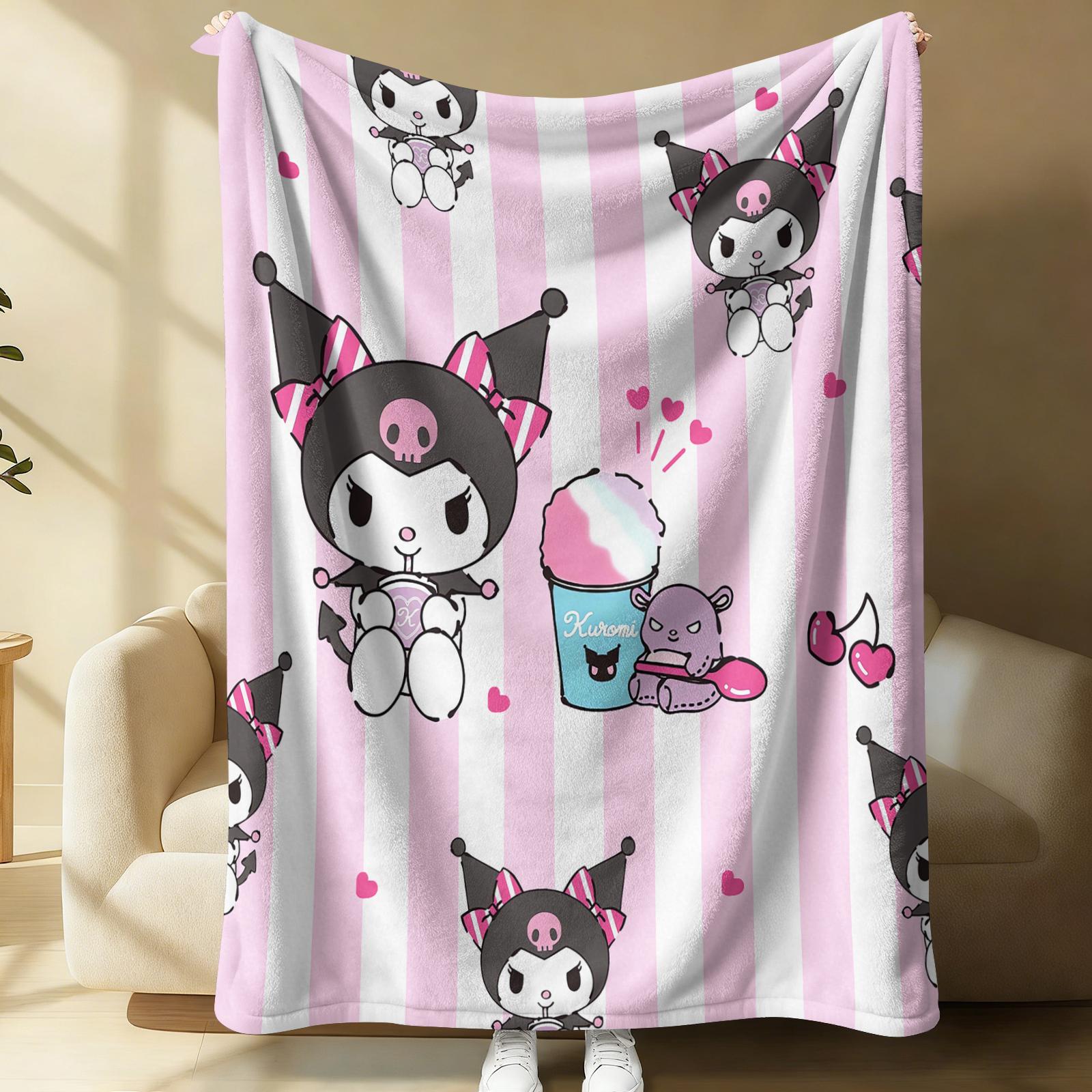 

Kuromi Pink & White Stripe Flannel Blanket Soft Warm Throw Japanese Anime Camping Office Bedroom School Nap Blanket Summer Quilt 100x150cm