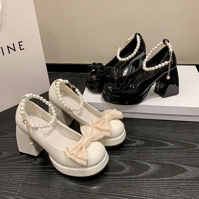 Mary Jane Shoes Women's Thick Heel 2025 Autumn Shallow Mouth Bow Single Shoes Fairy Style French Lady High Heels