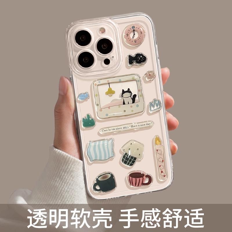 Apple 17promax Mobile Phone Case Transparent iPhone 17, Cute DIY Cat Design, Full Coverage Air Soft Case