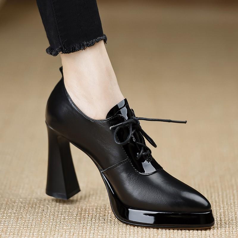 Single Shoes Fashion Deep Mouth Pu Leather Pointed High Heels Women's Color Matching 2025 Lace-up Waterproof Table Thick Heel Thick Sole New