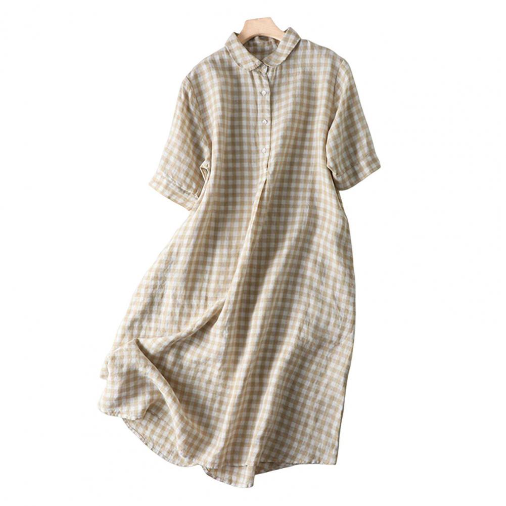 Summer Lady Dress Turn-down Collar Short Sleeves Buttons A-line Flowy Hem Retro Printed Casual Loose Midi Dress